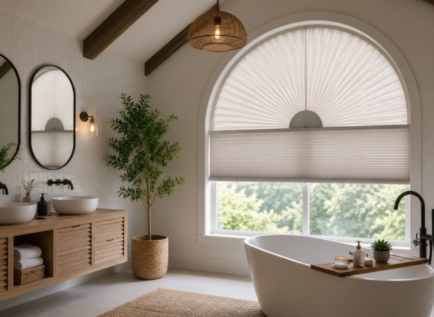 Custom arch window shades with light filtering fabric