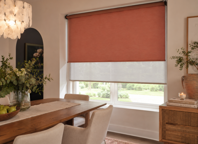 Designer dual roller shades with custom fabric combination