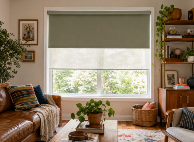 Dual roller shades installed in a contemporary family room