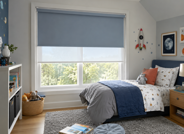 Custom dual roller shades for bedroom with light filtering and blackout layers
