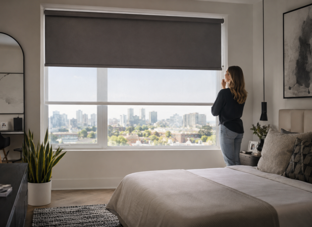 Custom dual roller shades providing privacy and daylight control in a home office