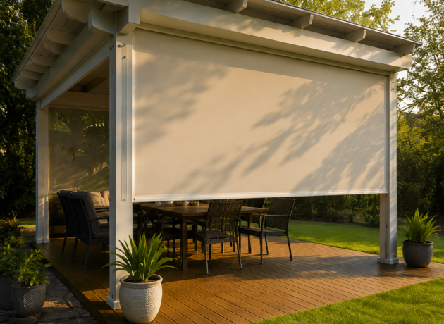 Outdoor zip blinds installed on a modern pergola overlooking the water