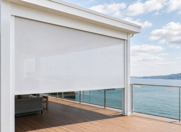 Outdoor roller zip blinds providing UV protection and privacy