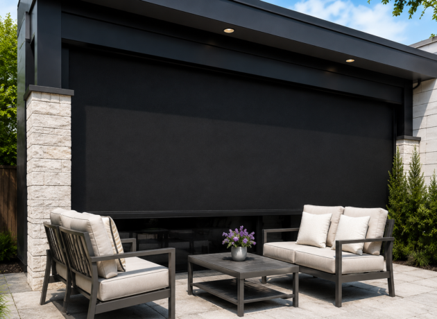 Outdoor zip screen fully lowered for privacy and weather protection