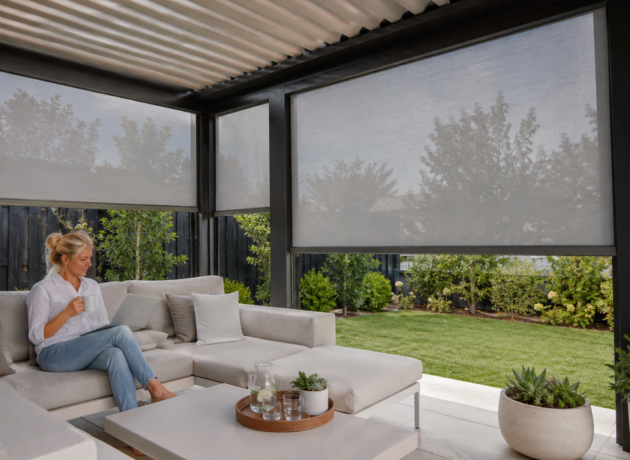Luxury outdoor zip blinds installed on a contemporary pergola