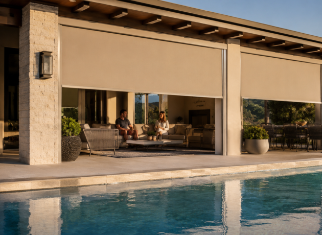 Custom outdoor zip blinds for a covered patio with lake view