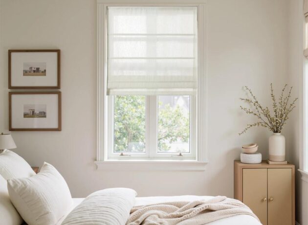 Custom Roman shades for bedroom windows with soft light filtering