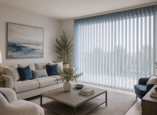 Serene minimalist living room with blue accents