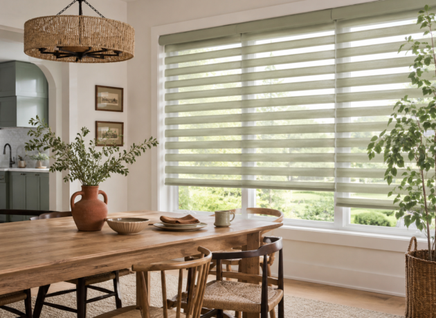 Modern Shangri-La blinds with sheer fabric vanes